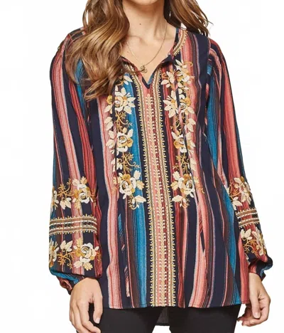 Andree By Unit Striped & Embroidered Top In Multi In Blue