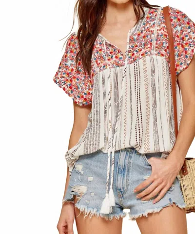 Andree By Unit Striped Babydoll Embroidered Top In Ivory In Brown