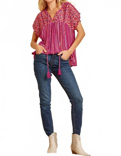 Andree By Unit Striped Babydoll Embroidered Top In Magenta In Pink