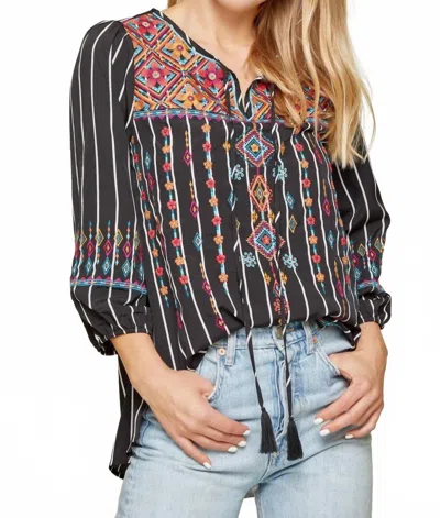 Andree By Unit Striped Printed Top W/ Embroidery In Black