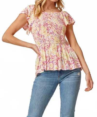 Andree By Unit Sunshine Confetti Smocked Top With Flutter Sleeves In Ivory Multi