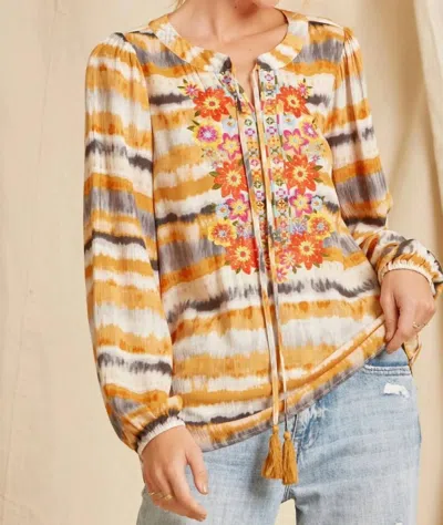 Andree By Unit Tie Dye Floral Embroidered Top In Marigold In Multi