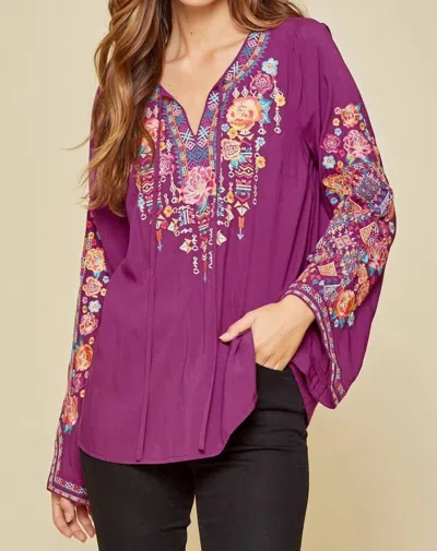 Andree By Unit Tie Front Embroidered Blouse In Magenta In Purple