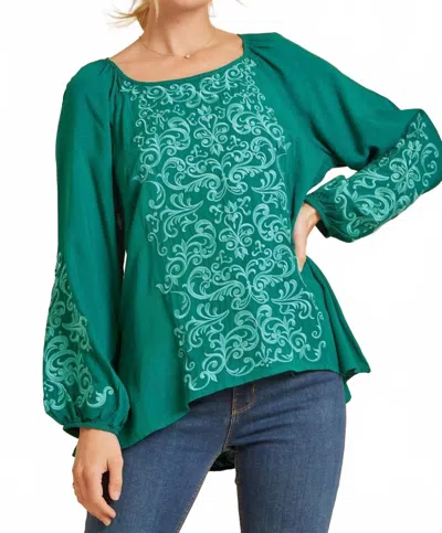 Andree By Unit Tonal Embroidered Blouse In Teal In Green