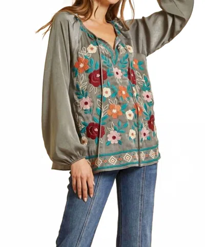 Andree By Unit Velvety Embroidered Satin Blouse In Charcoal In Pink