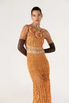 Andreeva Women's Orange Chrysanthemum Handmade Maxi Crochet Dress In Orange
