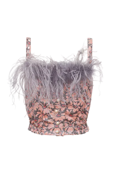 Andreeva Grey Flower Top With Feather Details And Pearl Buttons