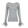 Andreeva Grey Knit Top With Detachable Feather Cuffs