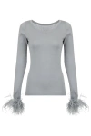 ANDREEVA GREY KNIT TOP WITH DETACHABLE FEATHER CUFFS