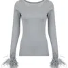ANDREEVA GREY KNIT TOP WITH DETACHABLE FEATHER CUFFS