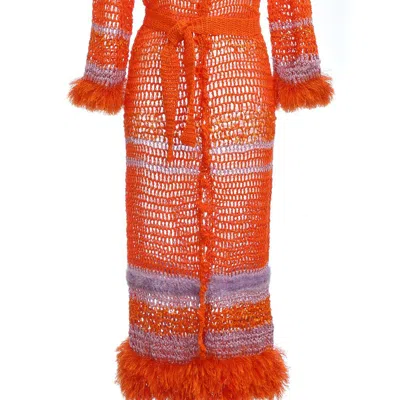Andreeva Orange Handmade Crochet Cardigan-dress In Yellow/orange
