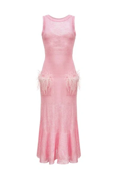 Andreeva Pink Rose Knit Dress With Feathers