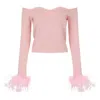 Andreeva Pink Vanilla Knit Top With Detachable Feather Cuffs