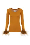 Andreeva Camel Knit Top With Detachable Feather Cuffs In Brown