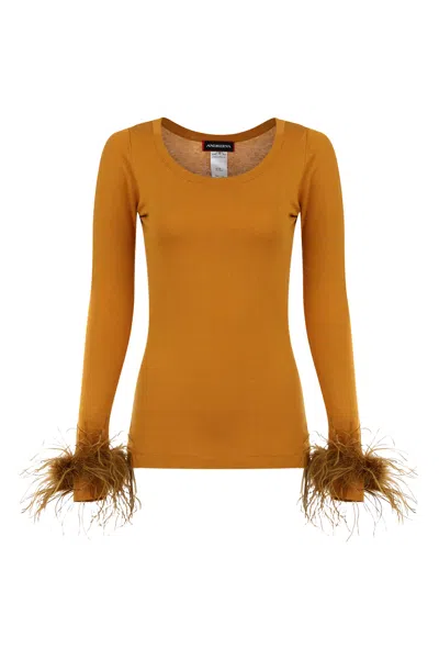 Andreeva Camel Knit Top With Detachable Feather Cuffs In Brown