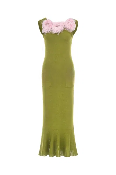 Andreeva Women's Chrysanthemum Green Knit Dress With Pink Real Ostrich Feathers Details