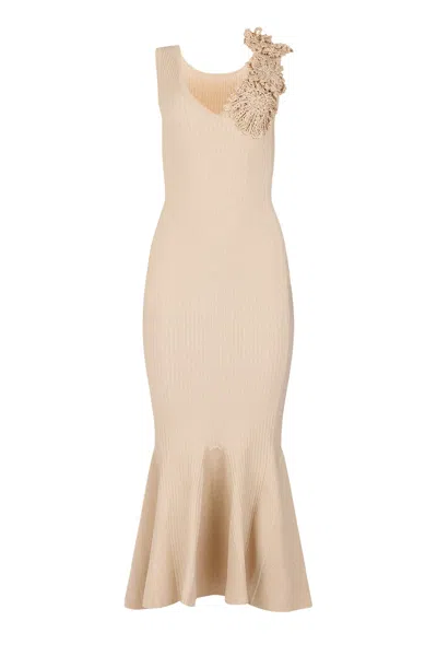 Andreeva Women's Neutrals Chrysanthemum Beige Metallic Knit Dress With Handmade Emroidery In Brown