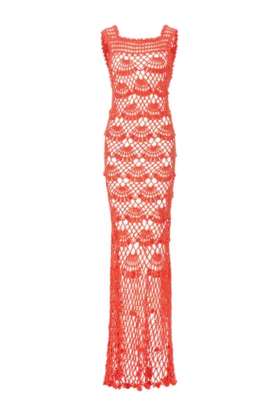 Andreeva Women's Orange Coral Shell Handmade Maxi Crochet Dress