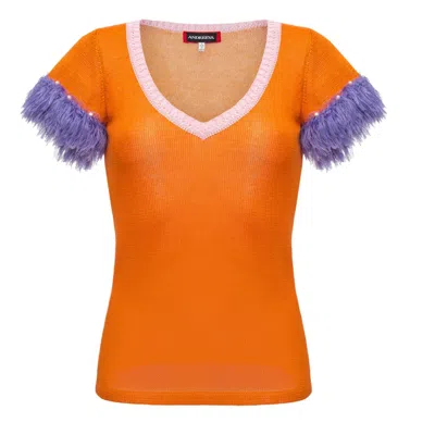 Andreeva Women's Orange Top With Handmade Knit Details & Pearl Buttons
