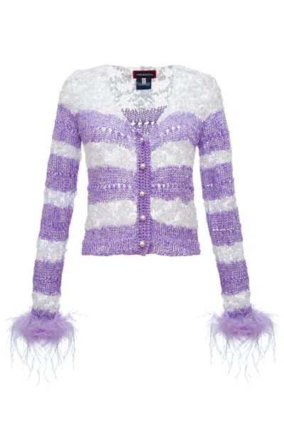 ANDREEVA WOMEN'S PINK / PURPLE LAVENDER HANDMADE KNIT SWEATER WITH PEARL BUTTONS