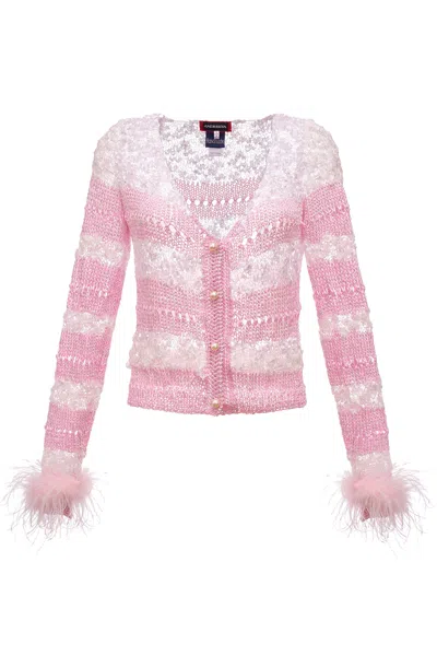 Andreeva Pink Handmade Knit Sweater With Detachable Feather Details On The Cuffs And Pearl Buttons In Pink/purple