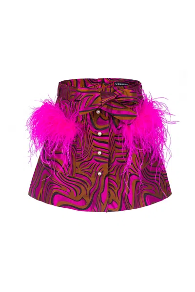 Andreeva Raspberry Printed Mini Skirt With Feathers In Pink