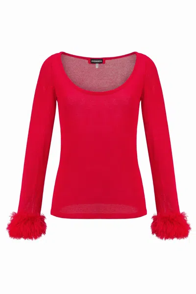 ANDREEVA WOMEN'S RED KNIT TOP WITH HANDMADE KNIT CUFFS