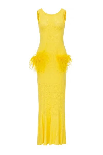 Andreeva Women's Yellow Lemon Knit Dress With Ostrich Feather Details