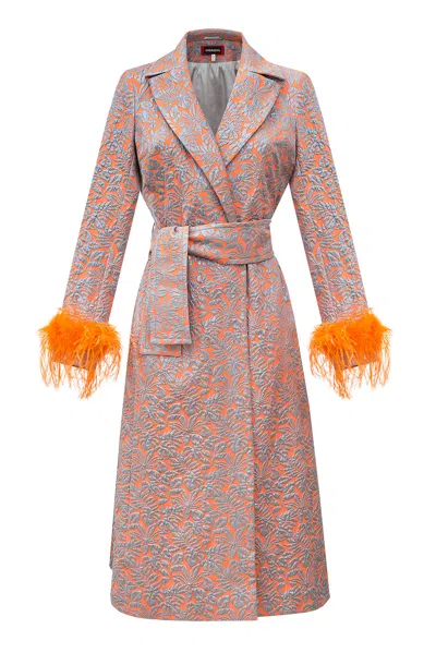 Andreeva Orange Jacqueline Coat With Detachable Feathers Cuffs In Yellow/orange