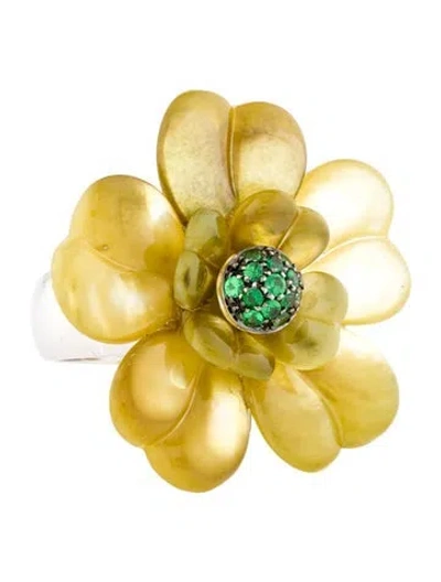 Pre-owned Andreoli 18k Dyed Mother Of Pearl & Tsavorite Garnet Flower Cocktail Ring In Green