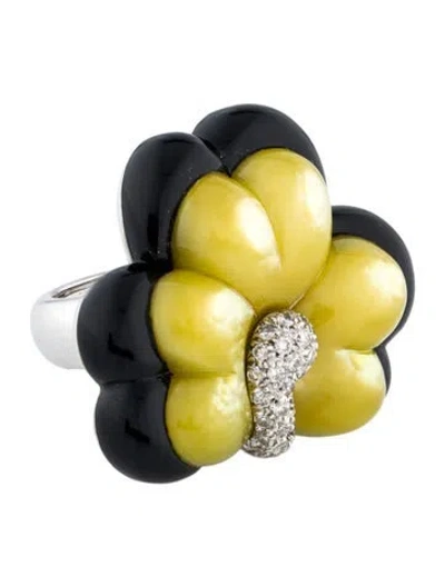Pre-owned Andreoli 18k Dyed Mother Of Pearl, Onyx & Diamond Floral Cocktail Ring In Multi