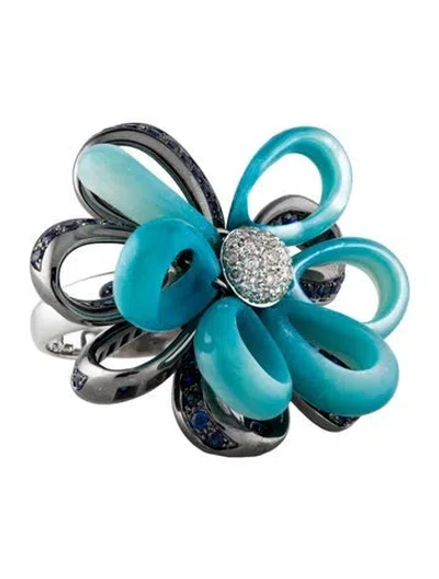 Pre-owned Andreoli 18k Dyed Mother Of Pearl, Sapphire & Diamond Floral Cocktail Ring In Multi