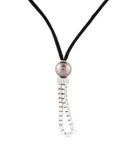 Pre-owned Andreoli 18k Pearl & Diamond Cord Pendant Necklace, 15" In Black