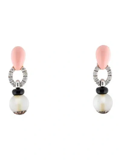 Pre-owned Andreoli 18k Quartz, Onyx, Sapphire, Ceramic & Diamond Drop Earrings In Pink