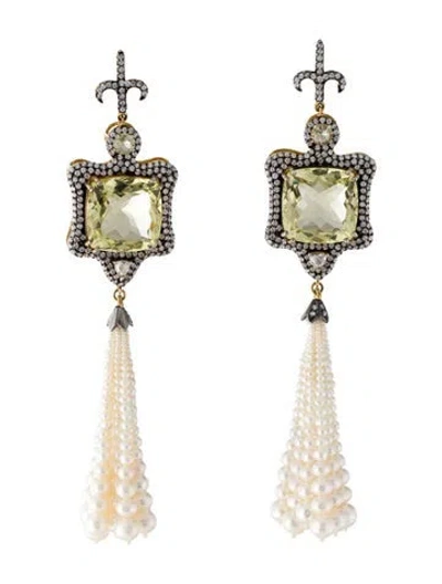 Pre-owned Andreoli Pearl, Quartz & Diamond Drop Earrings In Multi