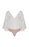 Andres Otalora Agua Clara V-neck Linen Bodysuit In White
