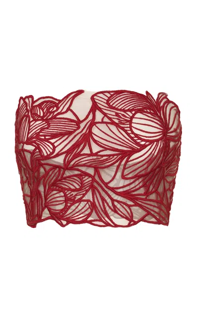Andres Otalora Astromelia Embroidered Tulle Crop Top In Red