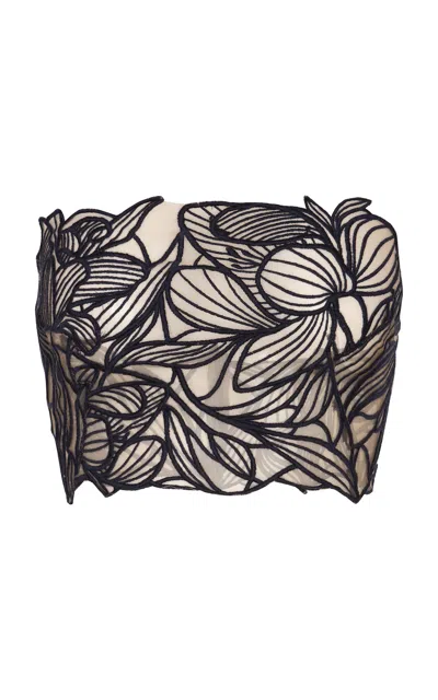 Andres Otalora Astromelia Embroidered Tulle Crop Top In Navy