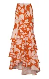 Andres Otalora Aventurera Ruffled Linen Maxi Skirt In Orange