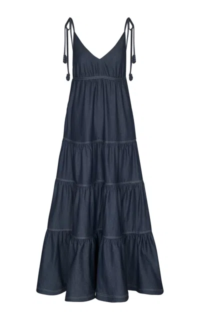 Andres Otalora Caminhar Muito Tiered Tencel Chambray Maxi Dress In Blue