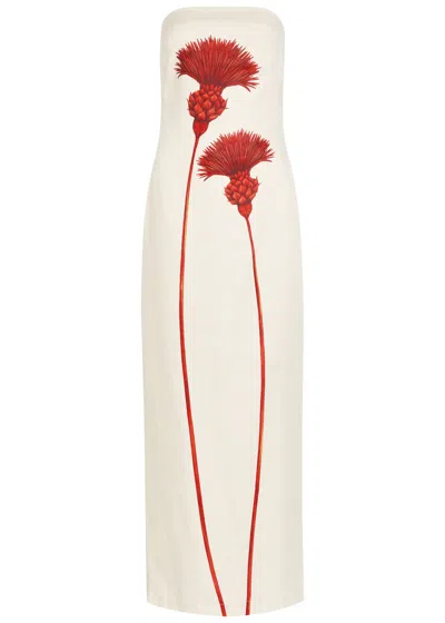 Andres Otalora Costera Floral-print Strapless Linen Midi Dress In Neutral