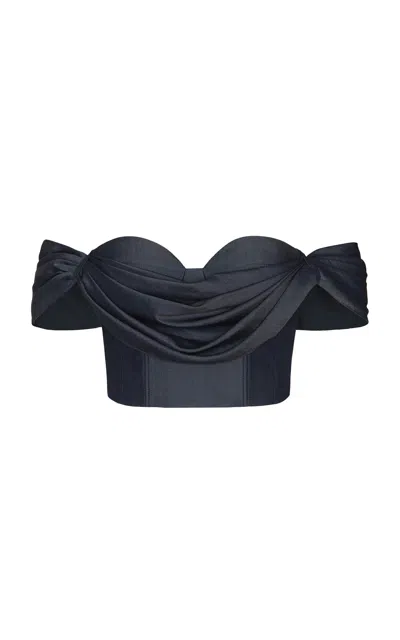 Andres Otalora De Azahar Draped Tencel Off-the-shoulder Top In Dark Wash