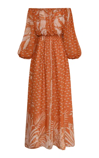 Andres Otalora De Cero Printed Off-the-shoulder Maxi Dress In Brown