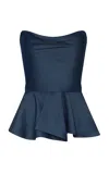 Andres Otalora De Encanto Draped Tencel Peplum Top In Dark Wash