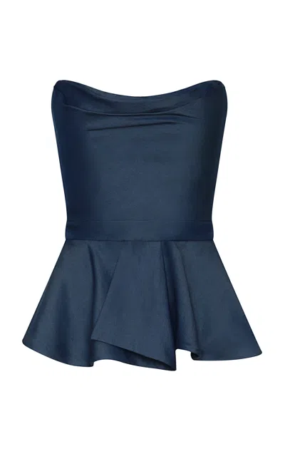 Andres Otalora De Encanto Draped Tencel Peplum Top In Dark Wash