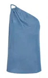 Andres Otalora De La Mano Asymmetric Tencel Denim Top In Navy