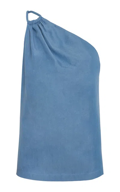 Andres Otalora De La Mano Asymmetric Tencel Denim Top In Navy