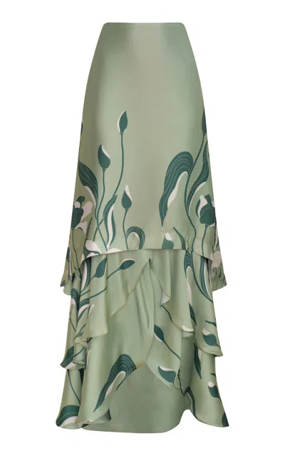 Andres Otalora De Tulipanes Tiered Satin Maxi Skirt In Green