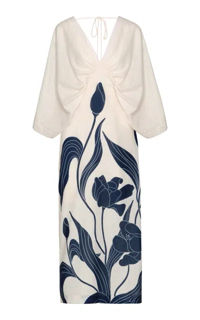 Andres Otalora Doble Flor Draped Linen Midi Dress In Navy