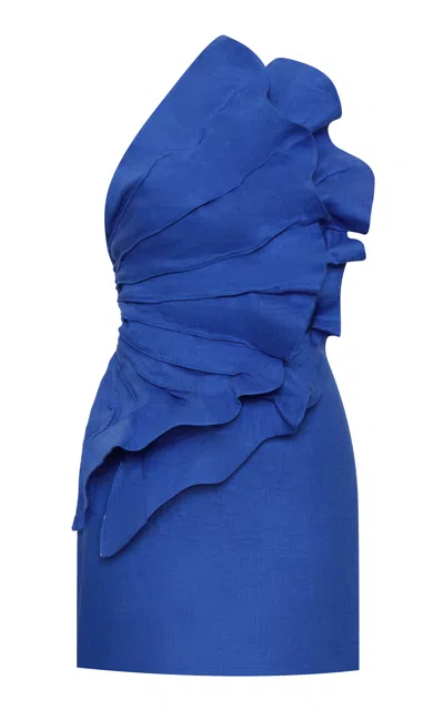 Andres Otalora Es Ancestral Pleated Linen Mini Dress In Blue